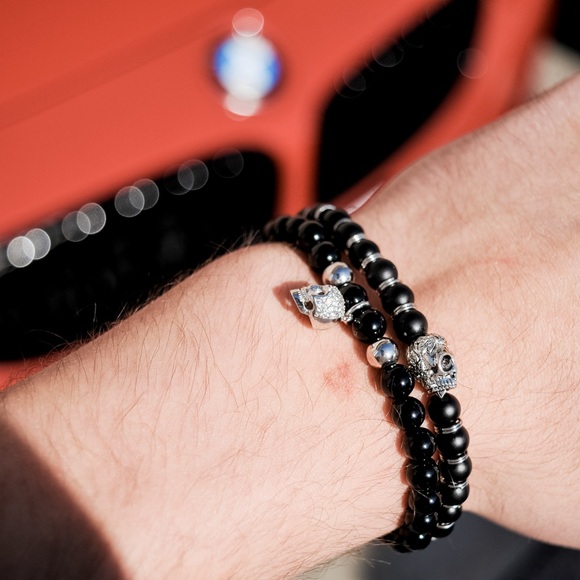 Onyx Stone Bracalet With Zircon Skull Charm - Picture 4 of 4